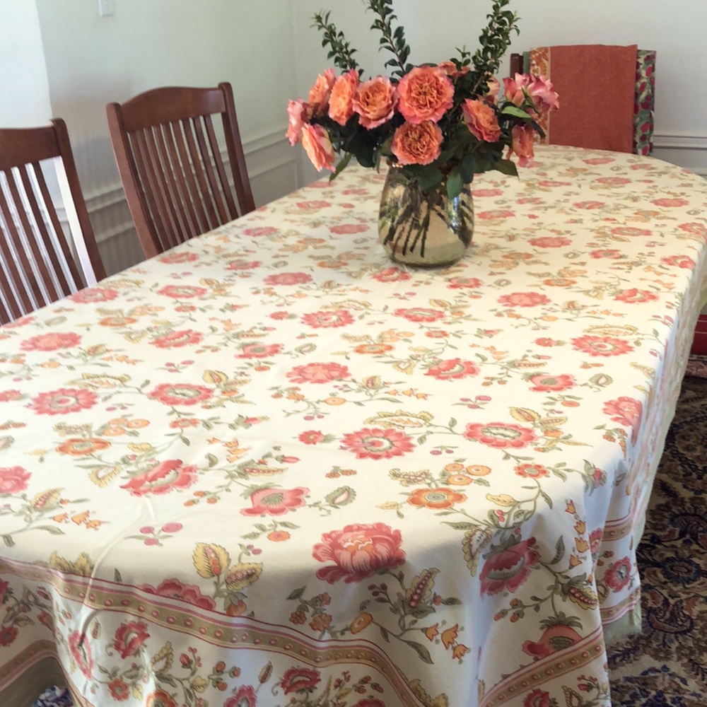 Green, peach, & cream floral tablecloth